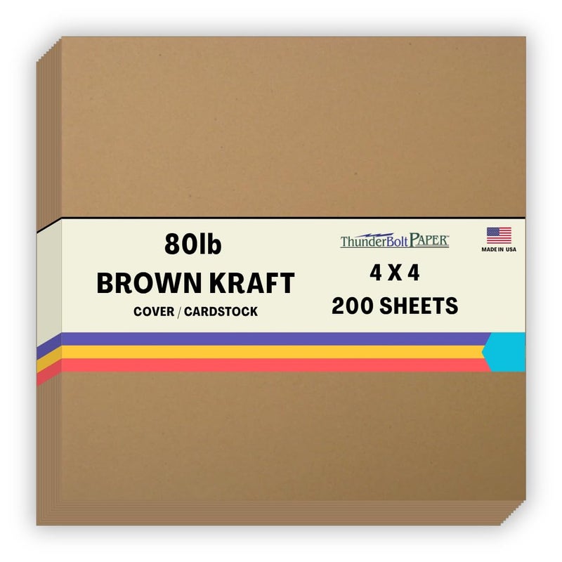 ThunderBolt Paper 200 Brown Kraft Fiber 80# Cover Paper Sheets - 4" X 4" (4X4 Inches) Small Square Card Size - Rich Earthy Color with Natural Fibers - 80lb/Pound Cardstock - Smooth Finish - Image 1